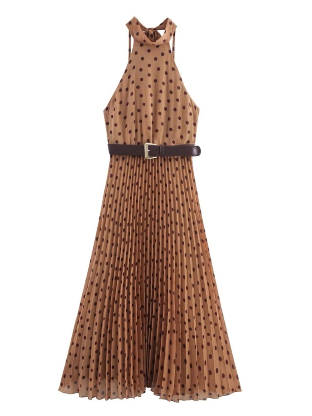 Zara Tan Polka Dot Long Sleeve Dress with Brown Belt